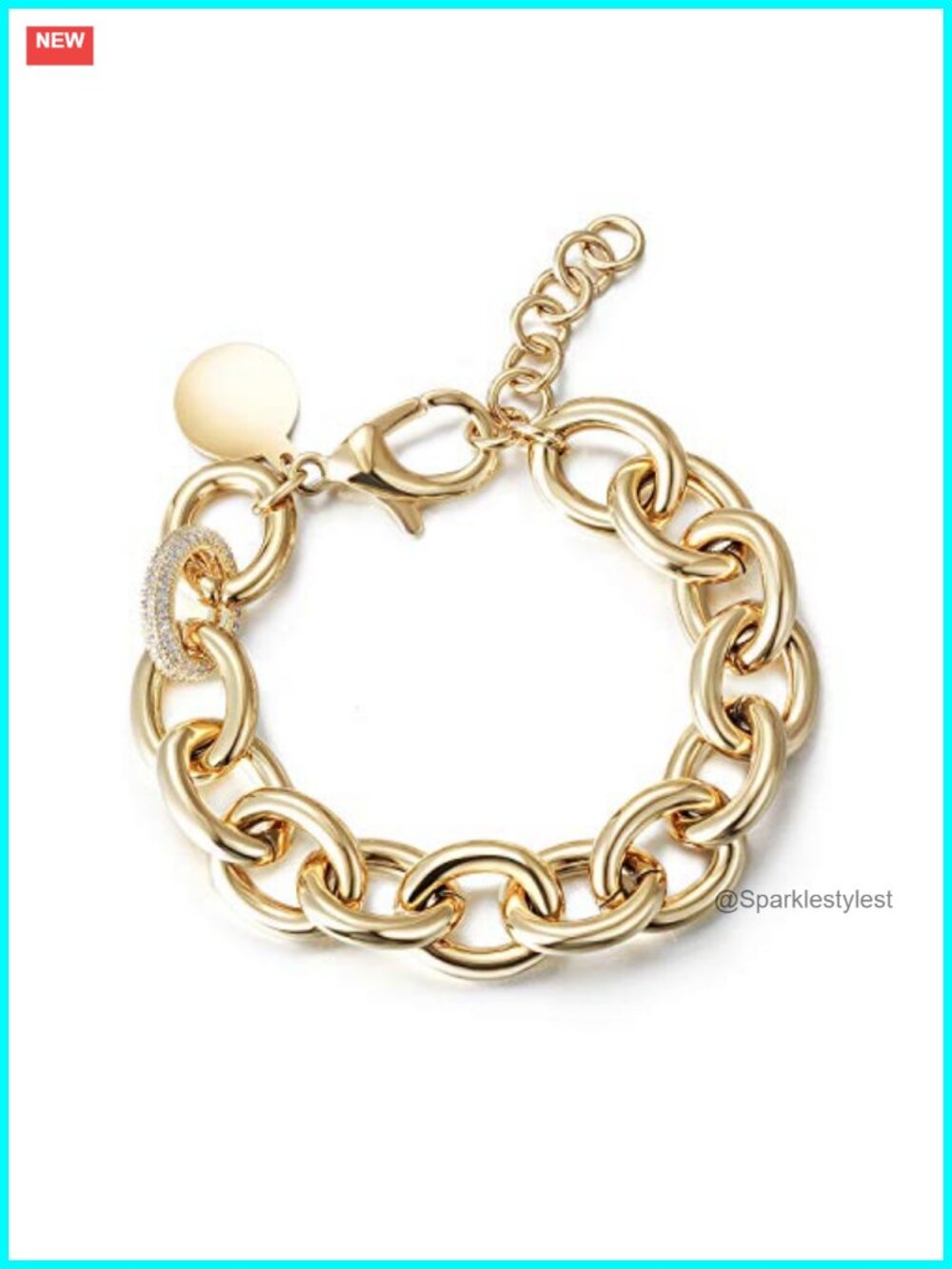 14K Gold Plated Stainless Steel Oval Link Chain Bracelet CZ Accent Adjustable